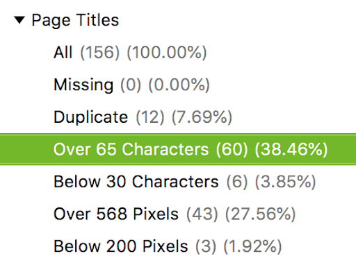 Data from SEO tool Ahrefs showing issues with the website's page titles.