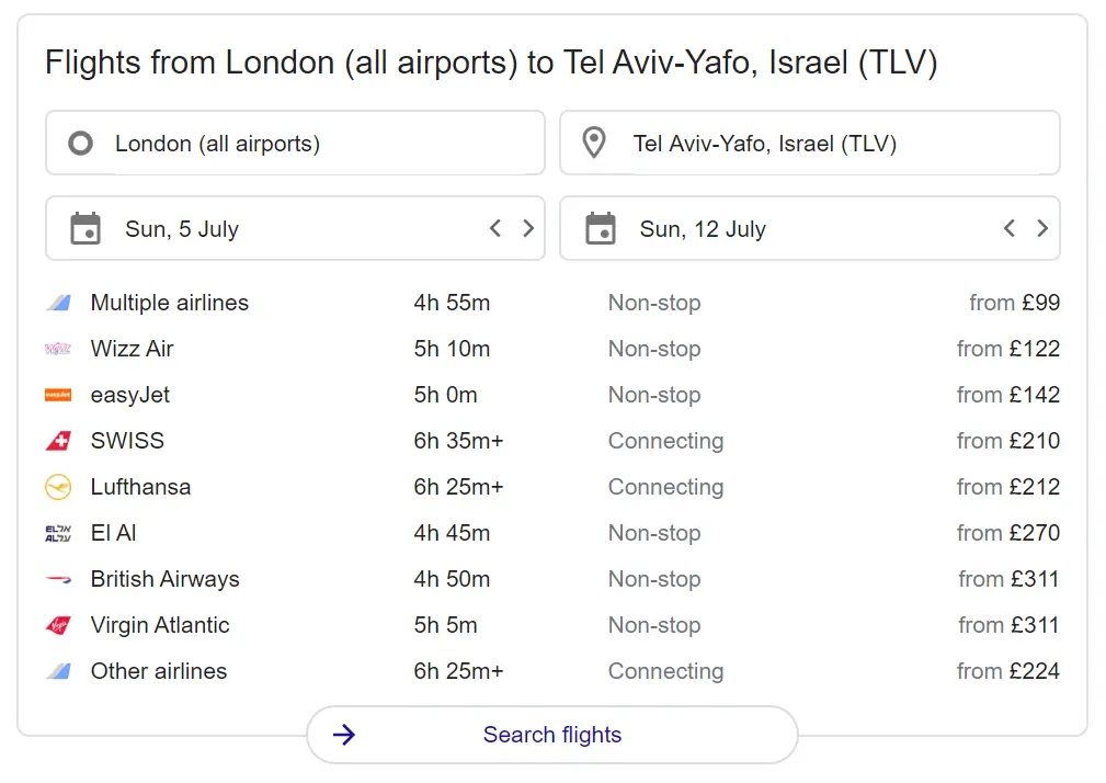 An example of Google Flights appearing in search results