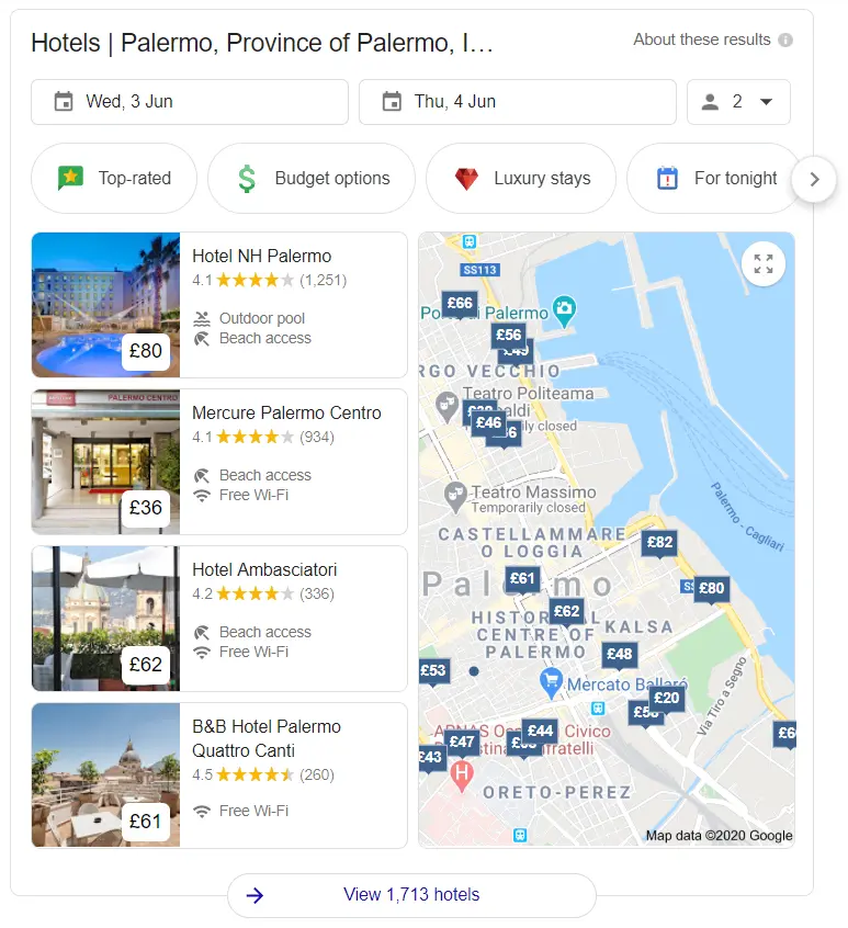An example of hotel results appearing in Google search results