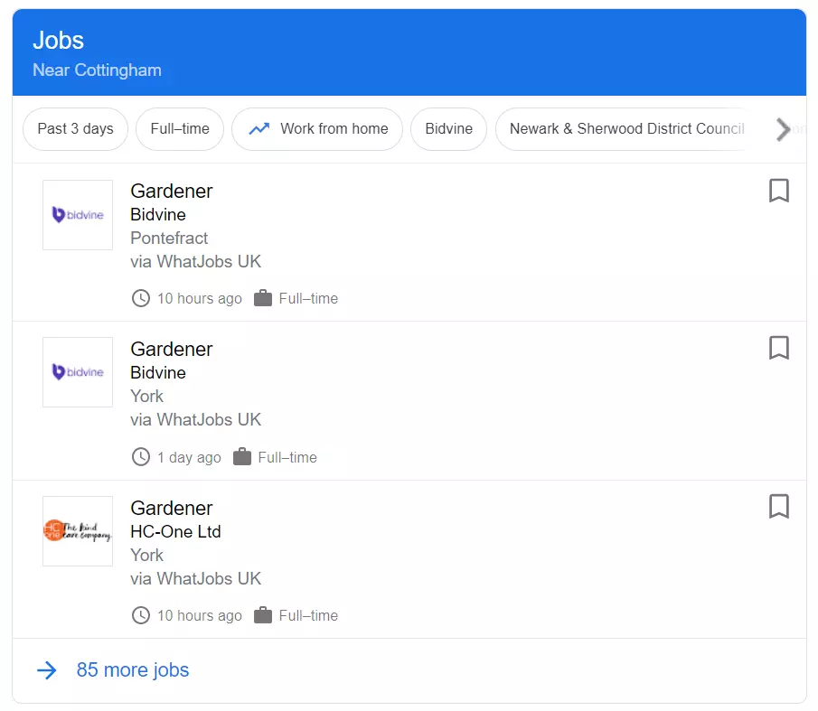 An example of a Google Jobs box with related job listings in search results