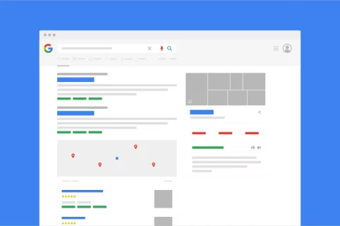 An illustration of a search results page with various different SERP features