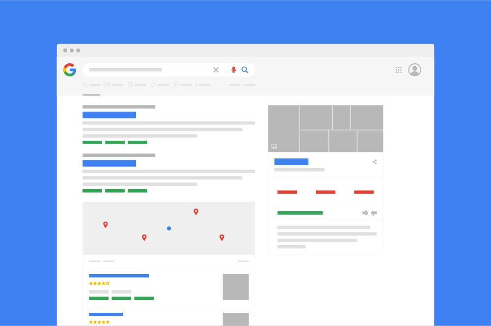 An illustration of a search results page with various different SERP features