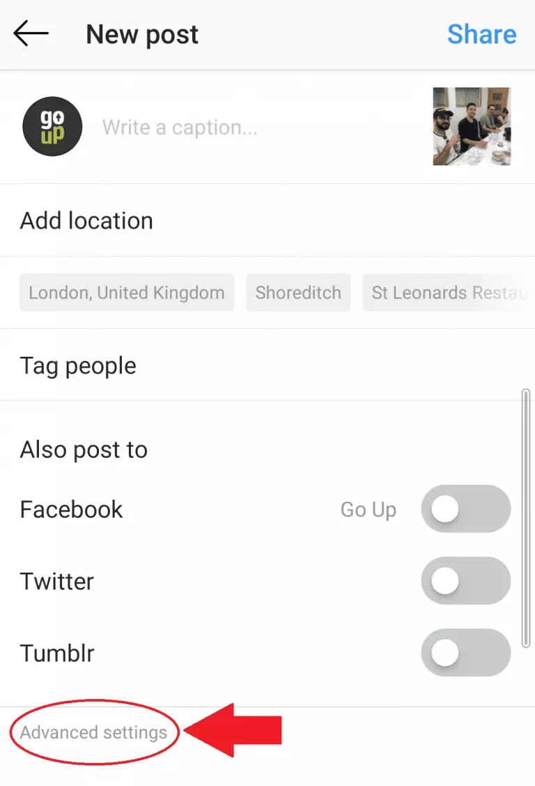 Advanced settings on Instagram