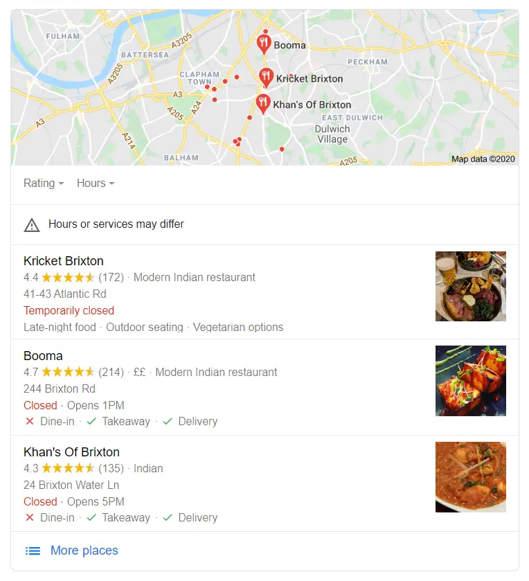 An example of a local pack in Google search results