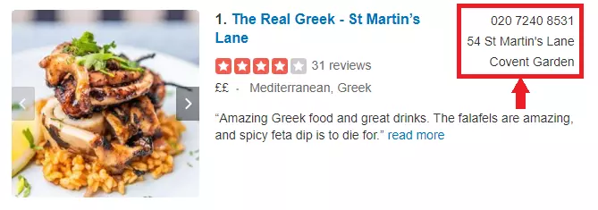 An example of a Greek restaurant using its NAP in a citation on Yelp