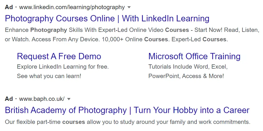 An example of PPC ads in a Google search results page