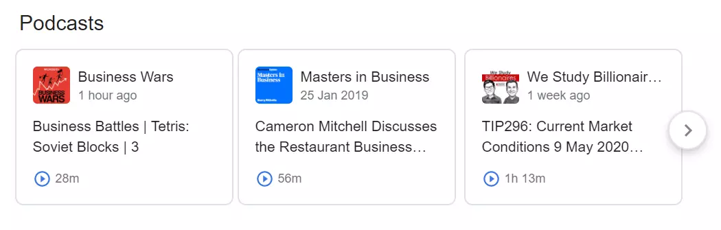 An example of podcasts appearing in Google search results.