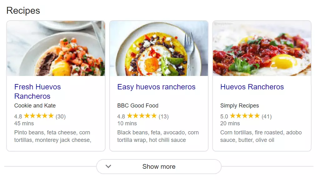 Examples of recipe cards appearing in a Google search result