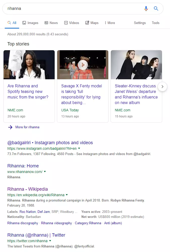 Example of branded search results for the query 