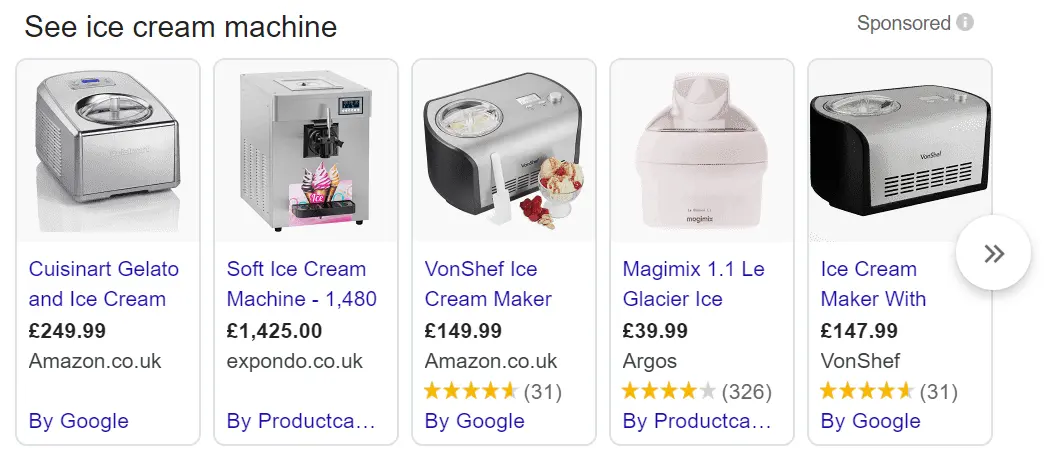 An example of Google shopping ads appearing in search results