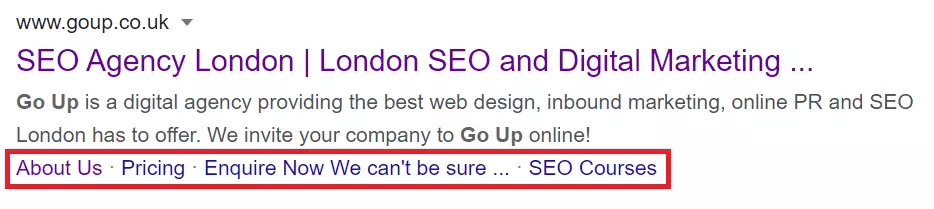 An example of sitelinks appearing on a Google search result