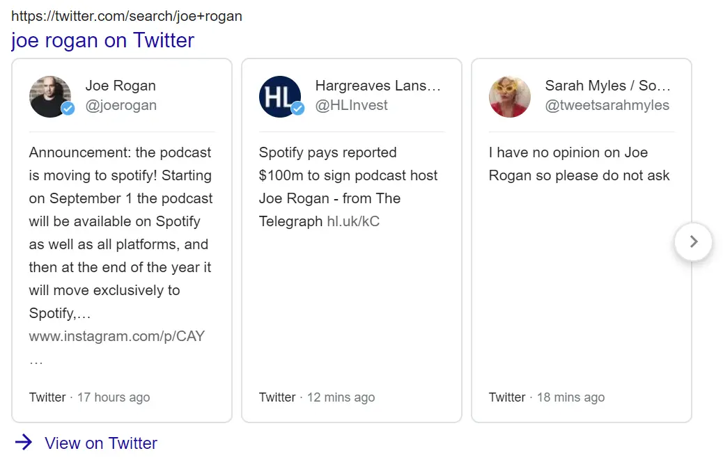 An example of Twitter links appearing in Google search results