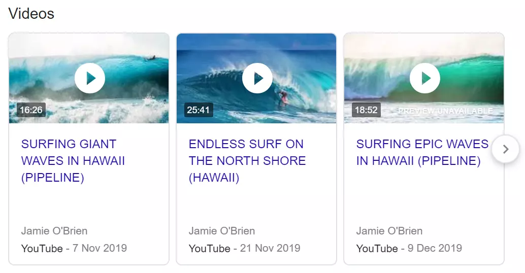 An example of a video results carousel appearing in Google search results