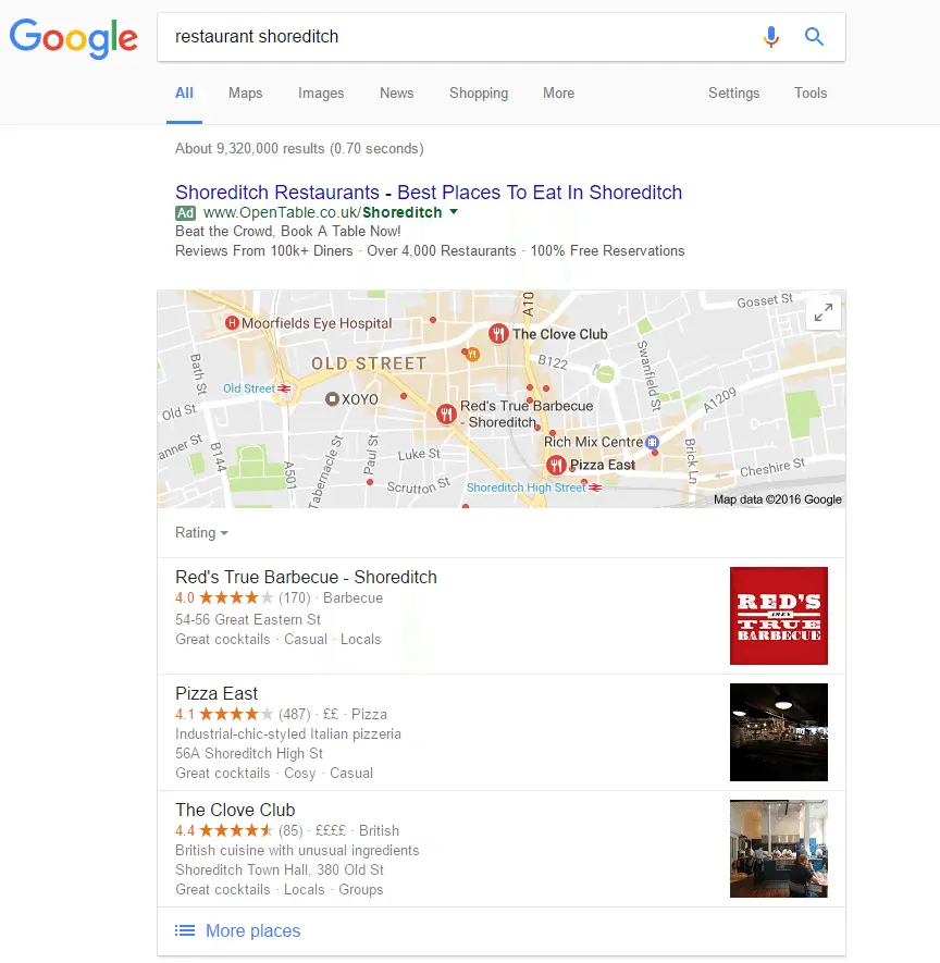 screenshot of local search results